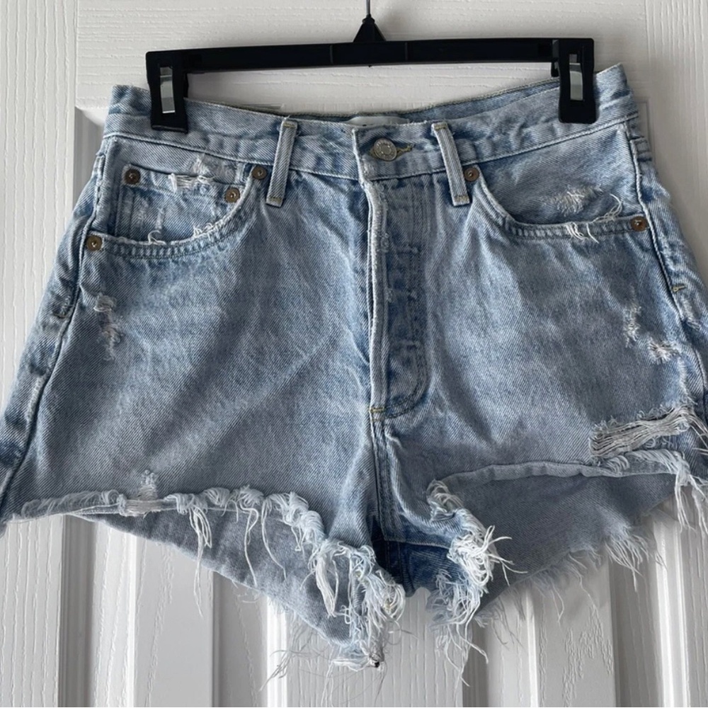 Agolde Frayed Hem Light Blue Jean Shorts